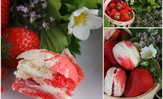 Macarons bicolores, ganache au chocolat blanc au thym et fraises