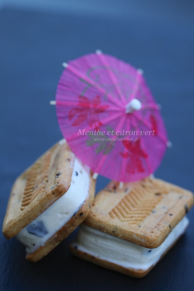 Sandwich glacé, biscuits aux pépites de chocolat fourrés de crème glacée vanille et chip cookies dough
